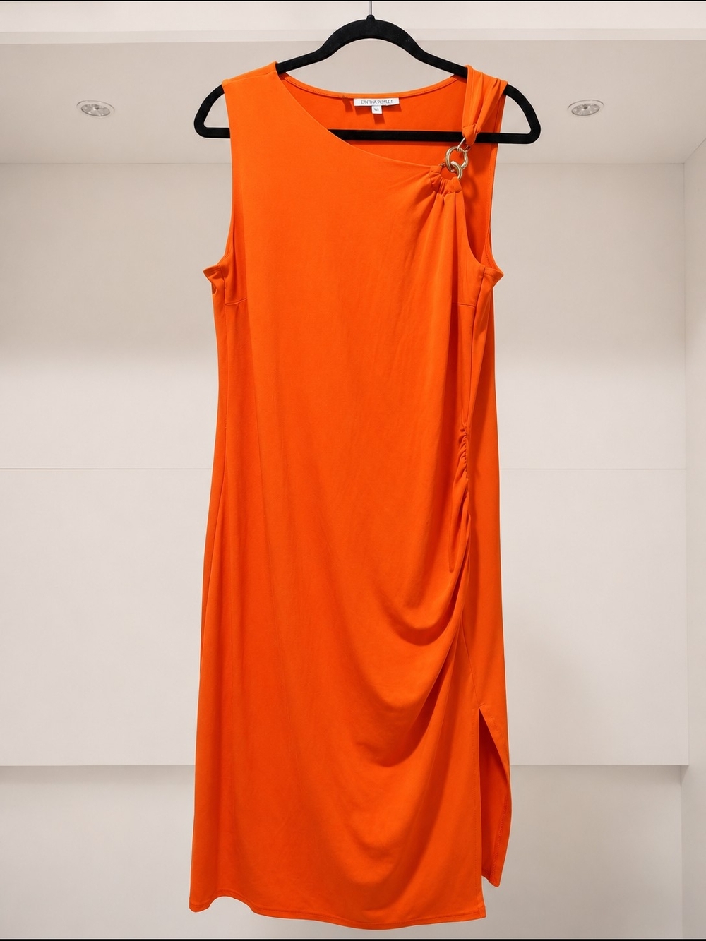 Jennifer Lopez Bright Orange Asymmetrical Midi Dress with Ring Detail